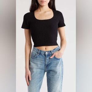 NSR Square Neck Short Sleeve Knit Sweater, Large, BLACK